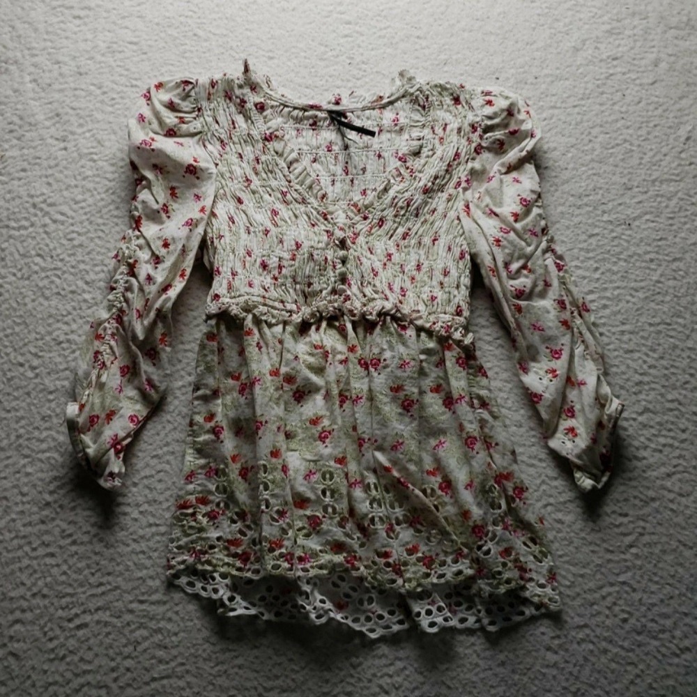Anthropologie Blouse Womens XS White V Neck Long Sleeve Floral Eyelet Tunic Top